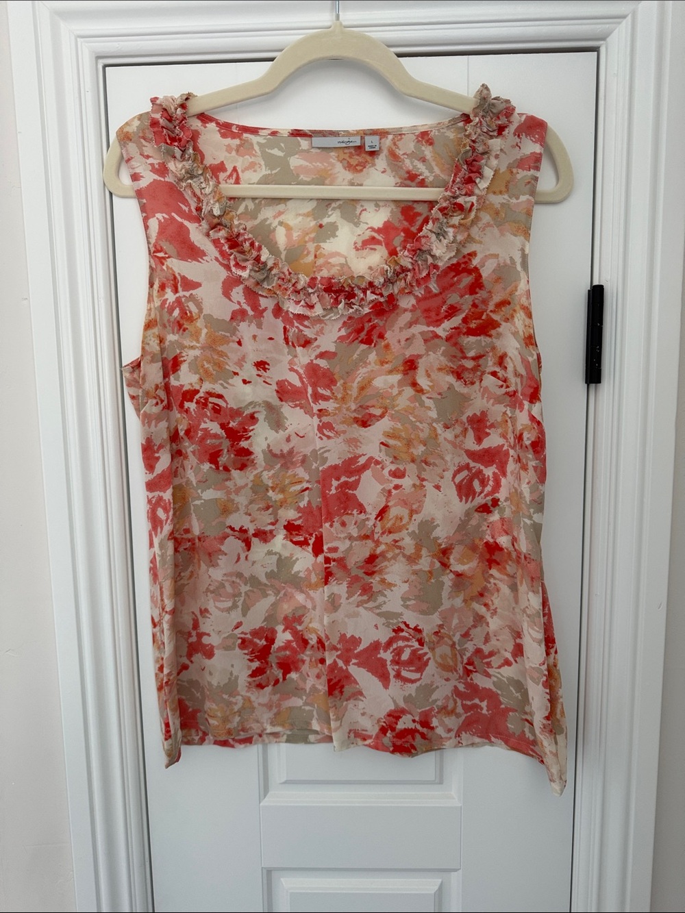 Halogen Floral Ruffle-Neck Sleeveless blouse- Coral, Taupe & Cream